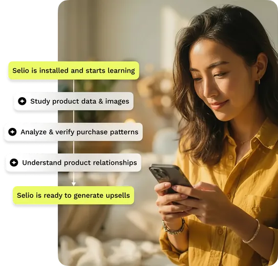 Woman on phone next to Selio's AI workflow timeline that ends with “ready to generate upsells.”