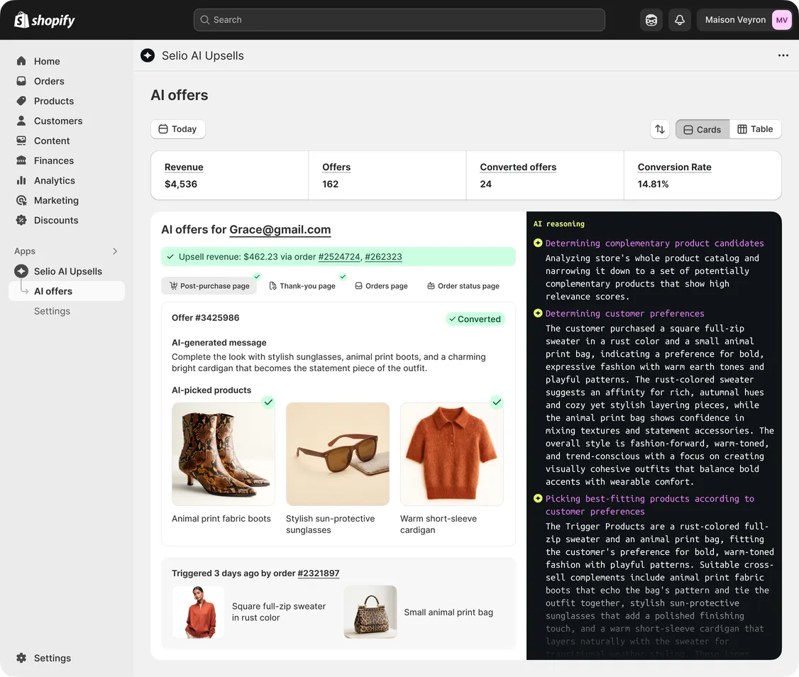 Shopify dashboard showing Selio AI Upsells app with AI-generated product recommendations and conversion analytics.
