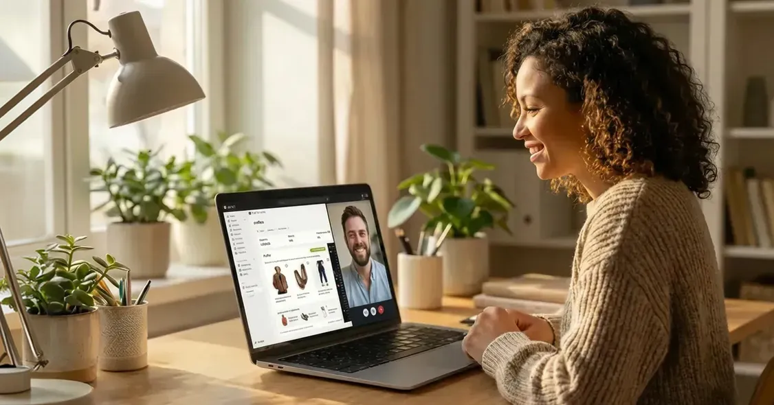 Woman in a home office on a video call, viewing Selio dashboard with product recommendations on her laptop.